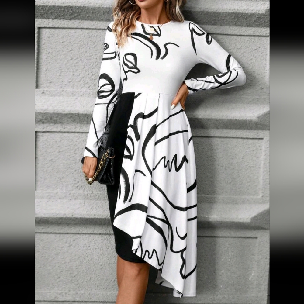 Abstract Geo Print Asymmetrical Hem Long Sleeve Pleated Dress White Black